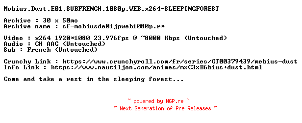 NFO for the release Mobius.Dust.E01.SUBFRENCH.1080p.WEB.x264-SLEEPINGFOREST by SLEEPINGFOREST
