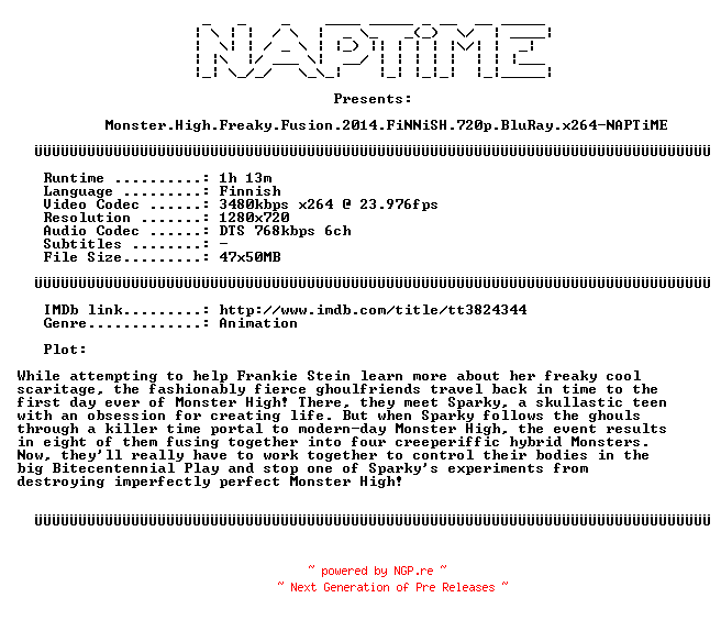 NFO for the release Monster.High.Freaky.Fusion.2014.FiNNiSH.720p.BluRay.x264-NAPTiME by NAPTiME