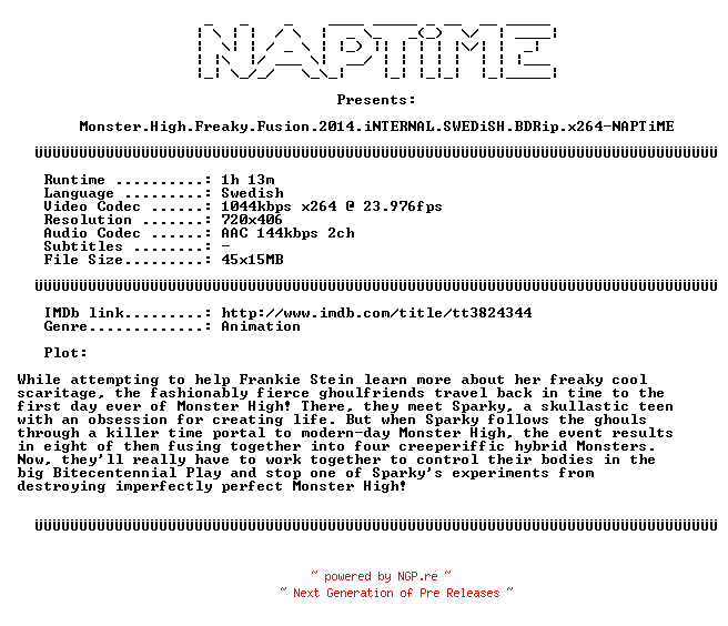 NFO for the release Monster.High.Freaky.Fusion.2014.iNTERNAL.SWEDiSH.BDRip.x264-NAPTiME by NAPTiME