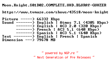 NFO for the release Moon.Knight.S01D02.COMPLETE.UHD.BLURAY-GUHZER by GUHZER