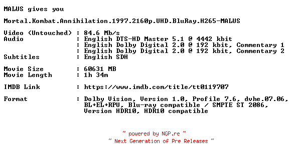 NFO for the release Mortal.Kombat.Annihilation.1997.2160p.UHD.BluRay.H265-MALUS by MALUS