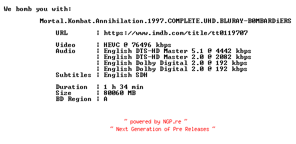 NFO for the release Mortal.Kombat.Annihilation.1997.COMPLETE.UHD.BLURAY-B0MBARDiERS by B0MBARDiERS