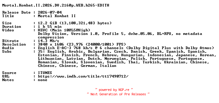 NFO for the release Mortal.Kombat.II.2026.DV.2160p.WEB.h265-EDITH by EDITH