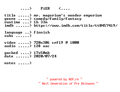 NFO for the release Mr.Magoriums.Wonder.Emporium.2007.iNTERNAL.FiNNiSH.BDRip.x264-PiER by PiER