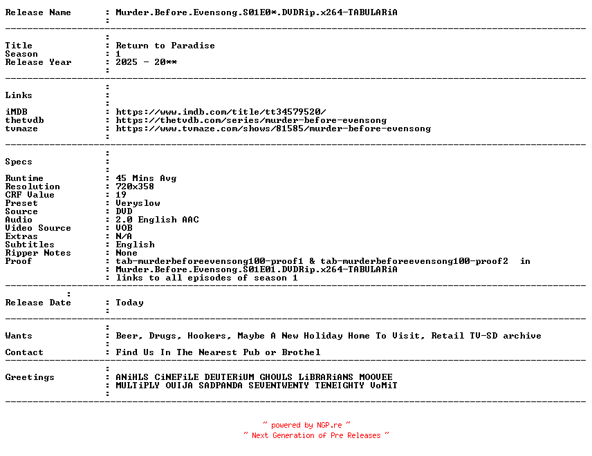 NFO for the release Murder.Before.Evensong.S01E03.DVDRip.x264-TABULARiA by TABULARiA