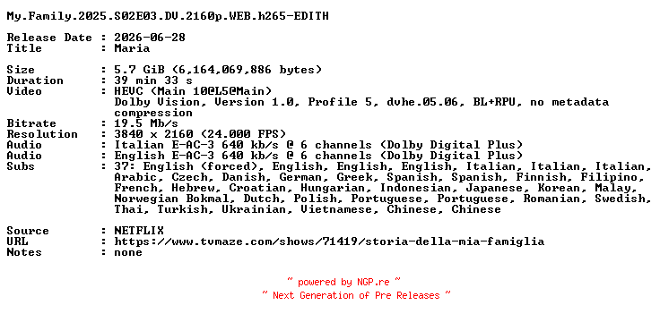 NFO for the release My.Family.2025.S02E03.DV.2160p.WEB.h265-EDITH by EDITH