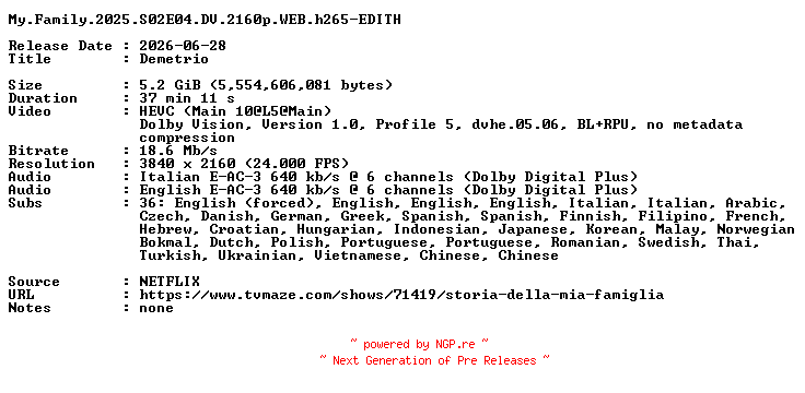 NFO for the release My.Family.2025.S02E04.DV.2160p.WEB.h265-EDITH by EDITH