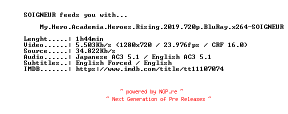 NFO for the release My.Hero.Academia.Heroes.Rising.2019.720p.BluRay.x264-SOIGNEUR by SOIGNEUR