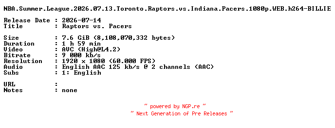 NFO for the release NBA.Summer.League.2026.07.13.Toronto.Raptors.vs.Indiana.Pacers.1080p.WEB.h264-BILLIE by BILLIE