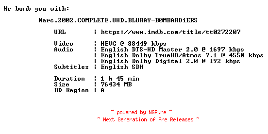 NFO for the release Narc.2002.COMPLETE.UHD.BLURAY-B0MBARDiERS by B0MBARDiERS