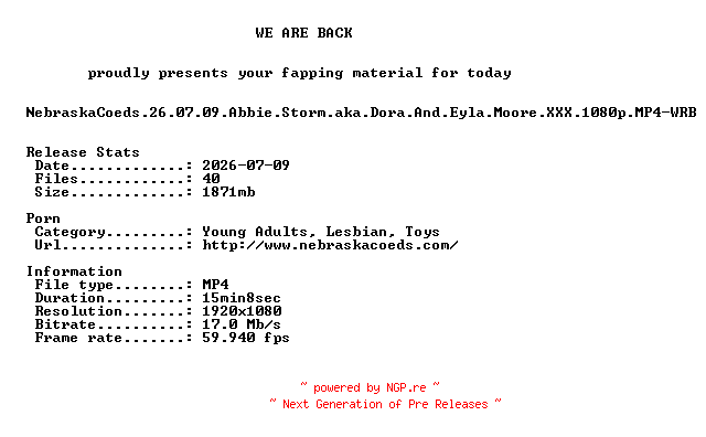 NFO for the release NebraskaCoeds.26.07.09.Abbie.Storm.aka.Dora.And.Eyla.Moore.XXX.1080p.MP4-WRB by WRB