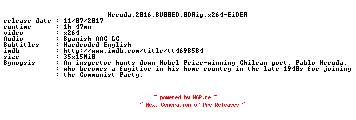 NFO for the release Neruda.2016.SUBBED.BDRip.x264-EiDER by EiDER