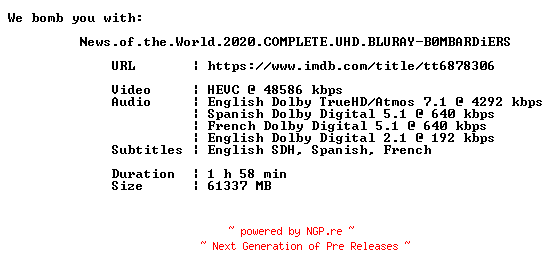 NFO for the release News.of.the.World.2020.COMPLETE.UHD.BLURAY-B0MBARDiERS by B0MBARDiERS