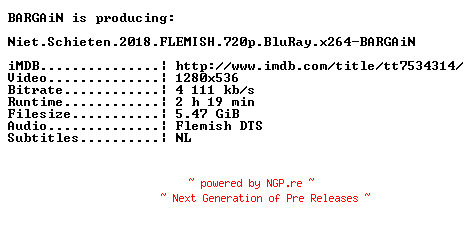 NFO for the release Niet.Schieten.2018.FLEMISH.720p.BluRay.x264-BARGAiN by BARGAiN