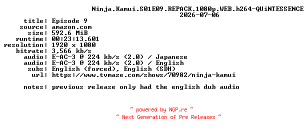 NFO for the release Ninja.Kamui.S01E09.REPACK.1080p.WEB.h264-QUiNTESSENCE by QUiNTESSENCE