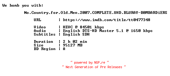 NFO for the release No.Country.for.Old.Men.2007.COMPLETE.UHD.BLURAY-B0MBARDiERS by B0MBARDiERS