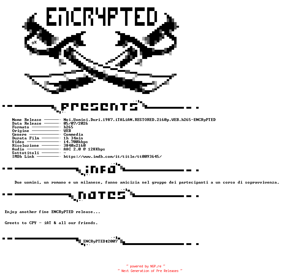 NFO for the release Noi.Uomini.Duri.1987.iTALiAN.RESTORED.2160p.WEB.h265-ENCRyPTED by ENCRyPTED