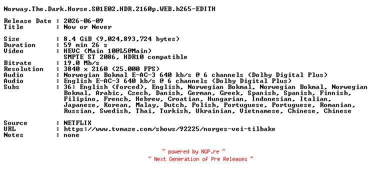 NFO for the release Norway.The.Dark.Horse.S01E02.HDR.2160p.WEB.h265-EDITH by EDITH
