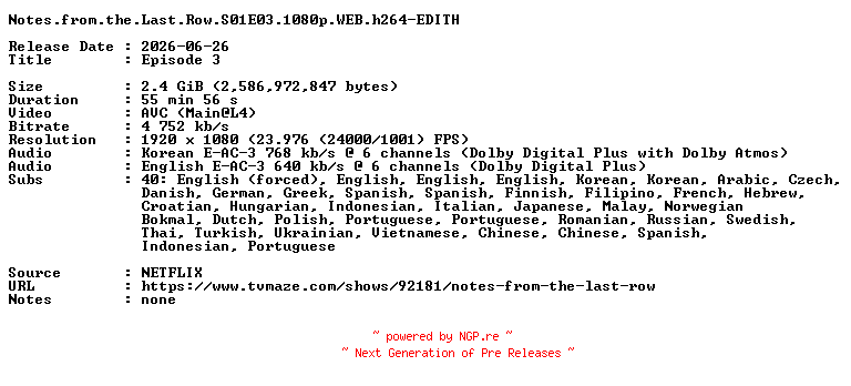 NFO for the release Notes.from.the.Last.Row.S01E03.1080p.WEB.h264-EDITH by EDITH