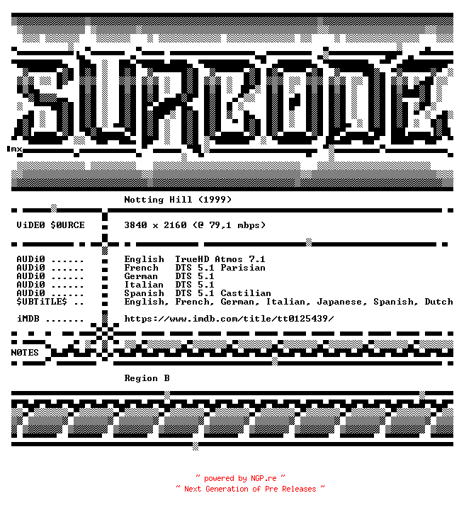 NFO for the release Notting.Hill.1999.COMPLETE.UHD.BLURAY-SURCODE by SURCODE