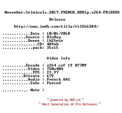 NFO for the release November.Criminals.2017.FRENCH.BDRip.x264-PRiDEHD by PRiDEHD