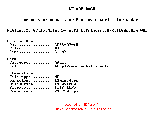 NFO for the release Nubiles.26.07.15.Mila.Rouge.Pink.Princess.XXX.1080p.MP4-WRB by WRB