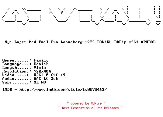 NFO for the release Nye.Lojer.Med.Emil.Fra.Lonneberg.1972.DANiSH.BDRip.x264-APVRAL by APVRAL