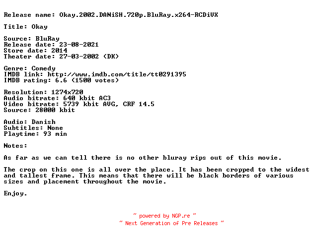 NFO for the release Okay.2002.DANiSH.720p.BluRay.x264-RCDiVX by RCDiVX