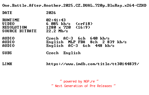 NFO for the release One.Battle.After.Another.2025.CZ.DUAL.720p.BluRay.x264-CZHD by CZHD