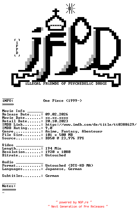 NFO for the release One.Piece.Die.TV-Serie.Box.03.D01.1999.ANiME.DUAL.COMPLETE.BLURAY-iFPD by iFPD