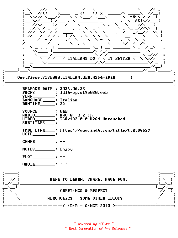 NFO for the release One.Piece.S19E080.iTALiAN.WEB.H264-iDiB by iDiB