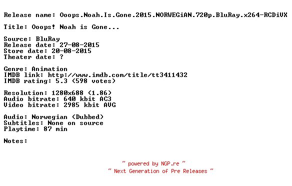 NFO for the release Ooops.Noah.Is.Gone.2015.NORWEGiAN.720p.BluRay.x264-RCDiVX by RCDiVX