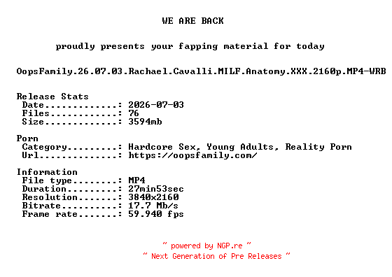 NFO for the release OopsFamily.26.07.03.Rachael.Cavalli.MILF.Anatomy.XXX.2160p.MP4-WRB by WRB