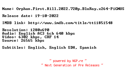 NFO for the release Orphan.First.Kill.2022.720p.BluRay.x264-PiGNUS by PiGNUS