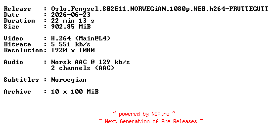 NFO for the release Oslo.Fengsel.S02E11.NORWEGiAN.1080p.WEB.h264-PRUTTEGUTT by PRUTTEGUTT
