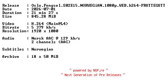 NFO for the release Oslo.Fengsel.S02E15.NORWEGiAN.1080p.WEB.h264-PRUTTEGUTT by PRUTTEGUTT