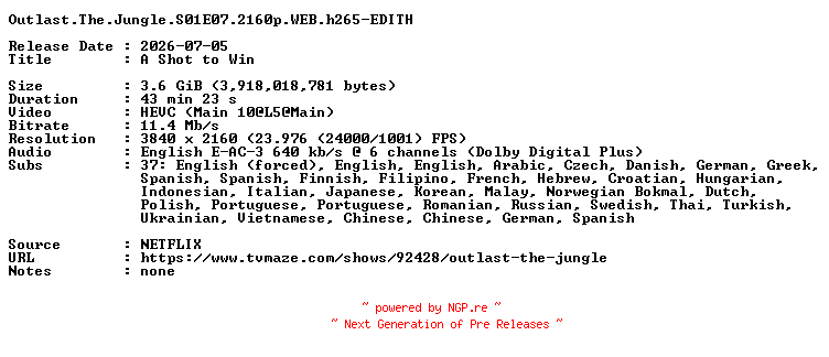NFO for the release Outlast.The.Jungle.S01E07.2160p.WEB.h265-EDITH by EDITH
