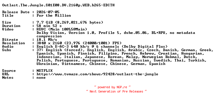 NFO for the release Outlast.The.Jungle.S01E08.DV.2160p.WEB.h265-EDITH by EDITH