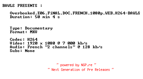 NFO for the release Overbooked.E06.FiNAL.DOC.FRENCH.1080p.WEB.H264-BAWLS by BAWLS