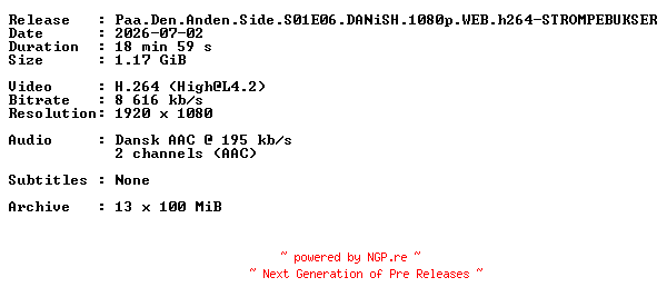 NFO for the release Paa.Den.Anden.Side.S01E06.DANiSH.1080p.WEB.h264-STROMPEBUKSER by STROMPEBUKSER