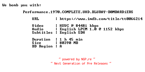NFO for the release Performance.1970.COMPLETE.UHD.BLURAY-B0MBARDiERS by B0MBARDiERS