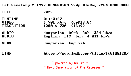 NFO for the release Pet.Sematary.2.1992.HUNGARiAN.720p.BluRay.x264-UNDERDOG by UNDERDOG