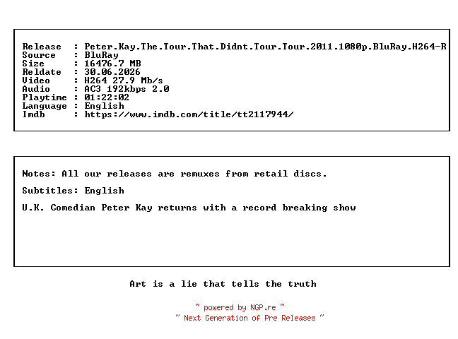 NFO for the release Peter.Kay.The.Tour.That.Didnt.Tour.Tour.2011.1080p.BluRay.H264-RMX by RMX