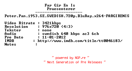 NFO for the release Peter.Pan.1953.SE.SWEDISH.720p.BluRay.x264-FARGIRENIS by FARGIRENIS
