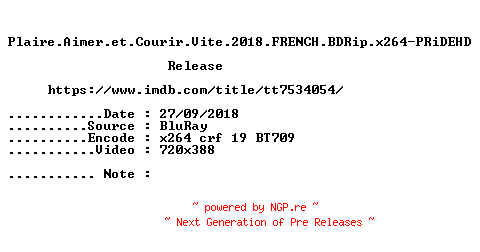 NFO for the release Plaire.Aimer.et.Courir.Vite.2018.FRENCH.BDRip.x264-PRiDEHD by PRiDEHD