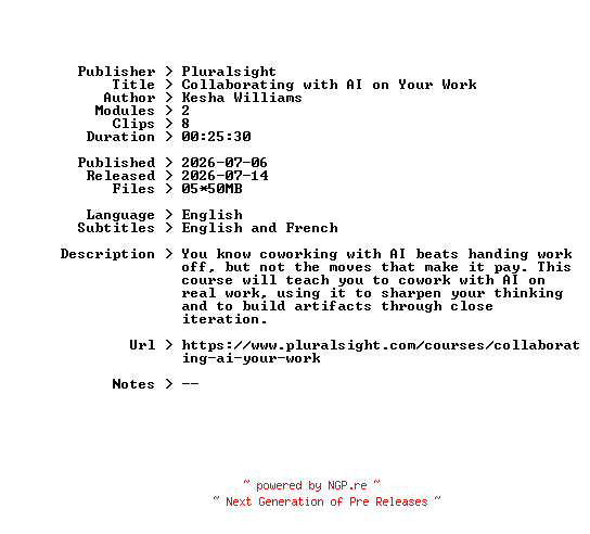 NFO for the release Pluralsight.Collaborating.with.AI.on.Your.Work.2026.BOOKWARE-GETH by GETH