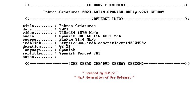 NFO for the release Pobres.Criaturas.2023.LATiN.SPANiSH.BDRip.x264-CEBRAY by CEBRAY