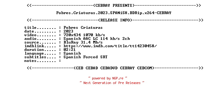 NFO for the release Pobres.Criaturas.2023.SPANiSH.BDRip.x264-CEBRAY by CEBRAY