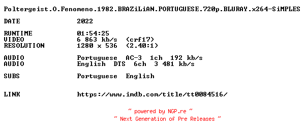 NFO for the release Poltergeist.O.Fenomeno.1982.BRAZiLiAN.PORTUGUESE.720p.BLURAY.x264-SiMPLES by SiMPLES