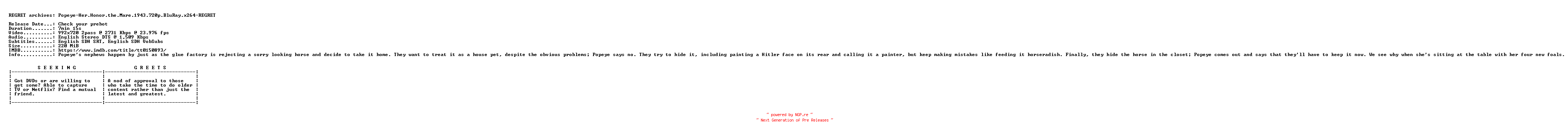 NFO for the release Popeye-Her.Honor.the.Mare.1943.720p.BluRay.x264-REGRET by REGRET